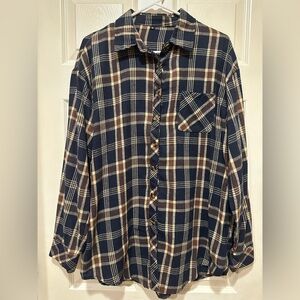 Women’s Flannel Plaid Brown Navy Blue Tan Long Sleeve Button-Up Shirt Size: XL